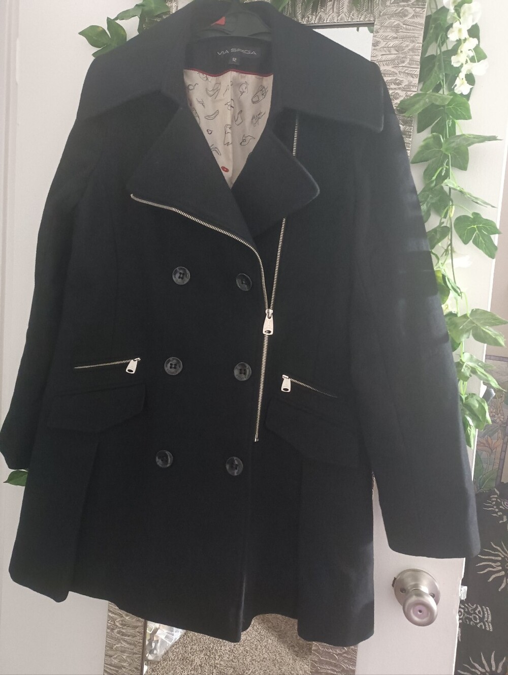 Via Spiga Black Wool Blend Peacoat Jacket Coat, size 12
